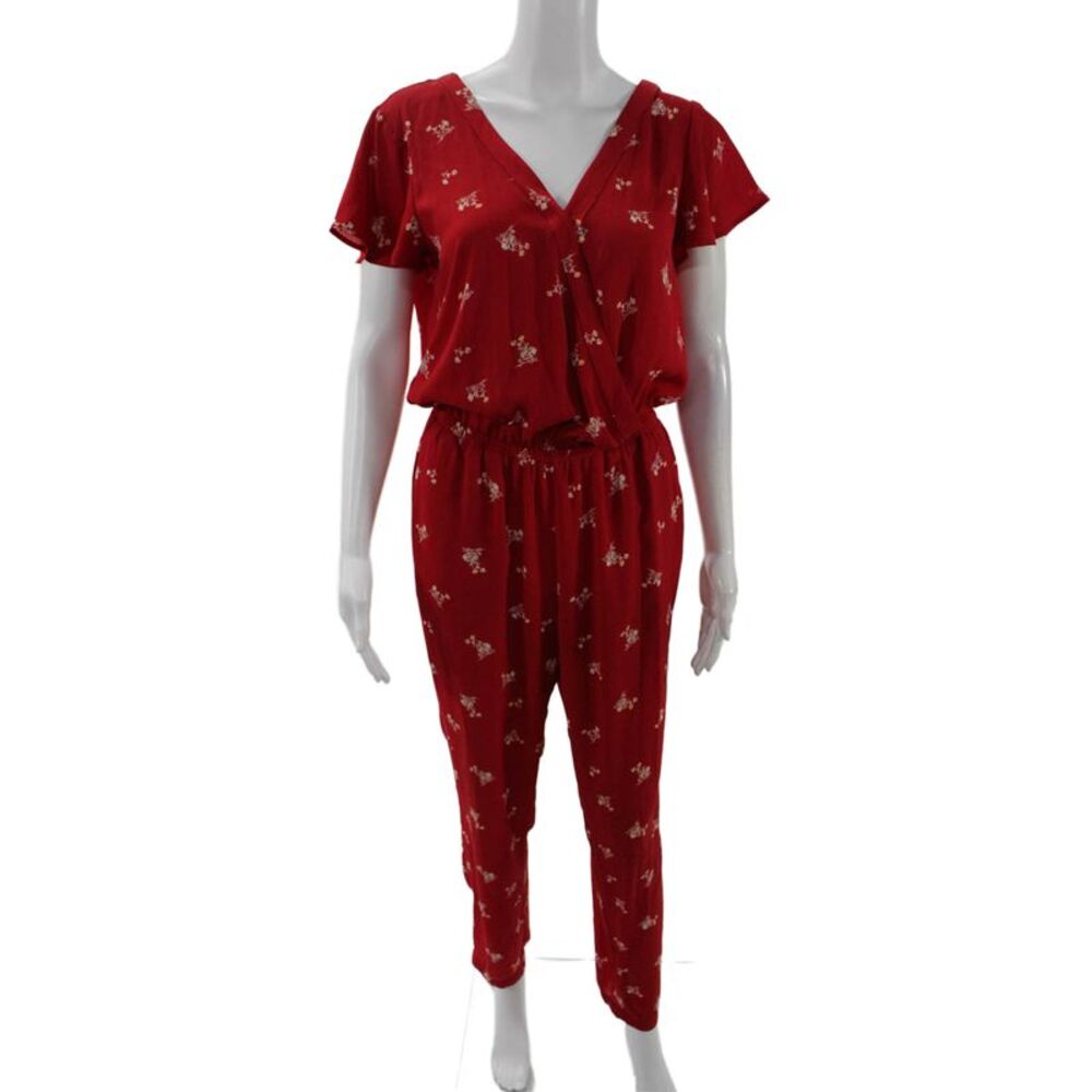 Vince Camuto Signature Womens V Neck Floral Short Sleeve Jumpsuit Red Size 2